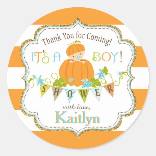 秋カボチャ男の子金ゴールドグリッターベビーシャワー ラウンドシール (正面)