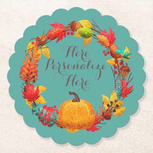 秋カボチャ秋の葉リースティール(緑がかった色)オレンジブラウン ペーパーコースター (正面)