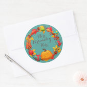 秋カボチャ秋の葉リースティール（緑がかった色）オレンジ ラウンドシール (封筒)