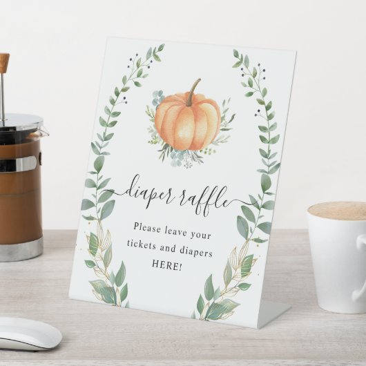 秋カボチャ緑の金ゴールド葉おむつラッフル 台座サイン (インサイチュ)