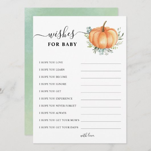 秋カボチャ緑の金ゴールド赤ちゃんシャワーの願い アドバイスカード (正面/裏面)