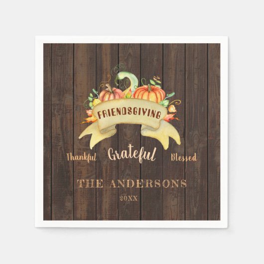 秋カボチャ葉ンズウッドハッピーサンクスギビング スタンダードカクテルナプキン (正面)