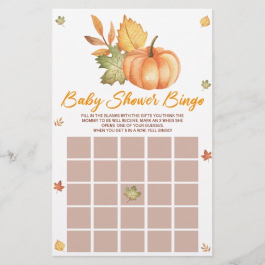 秋カボチャ葉ービンゴ赤ちゃんシャワーゲーム 便箋 (正面)