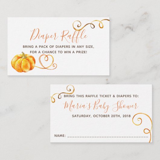 秋カボチャ赤ちゃんシャワーおむつラッフルチケット エンクロージャーカード (正面/裏面)