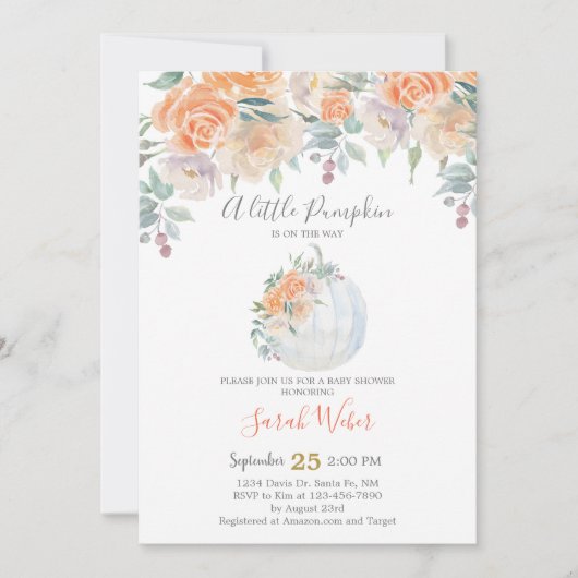 秋カボチャ赤ちゃんシャワーガール 招待状 (正面)
