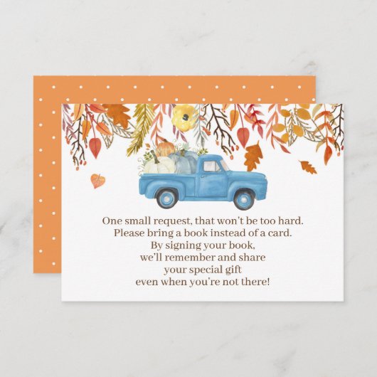 秋カボチャ赤ちゃんシャワー本ベビーカードボーイ エンクロージャーカード (正面/裏面)