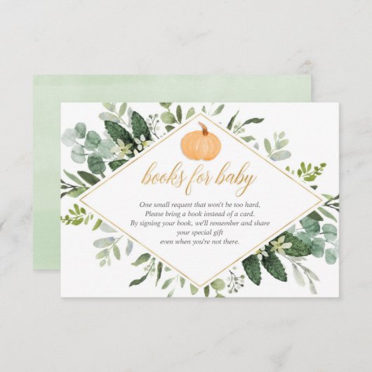 秋カボチャ赤ちゃんシャワー緑の本のリクエスト エンクロージャーカード (正面/裏面)