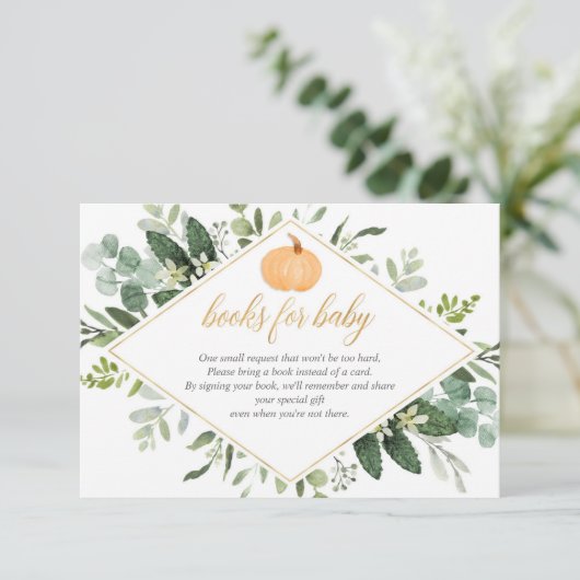 秋カボチャ赤ちゃんシャワー緑の本のリクエスト エンクロージャーカード (スタンド正面)