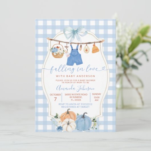 秋カボチャ赤ちゃん服ブルージンガム赤ちゃんシャワー 招待状 (スタンド正面)