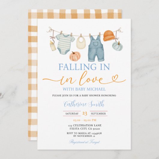 秋カボチャ赤ちゃん衣赤ちゃんシャワー秋 招待状 (正面/裏面)