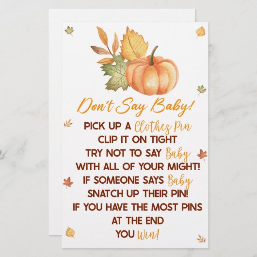 秋カボチャ離れのは赤ちゃんシャワーのゲームを言わない 便箋 (正面/裏面)