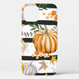 秋カボチャ、花葉、ストライプのb iPhone 12ケース