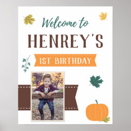 秋カボチャ&葉誕生日フォトウェルカムサイン ポスター