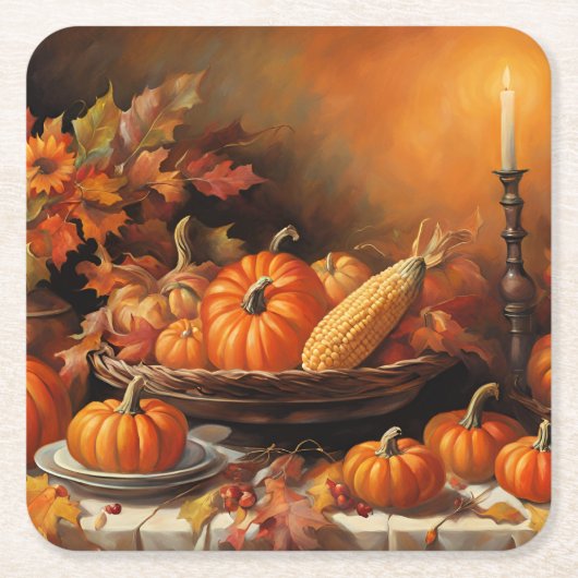 秋カラフルのカボチャ スクエアペーパーコースター (正面)