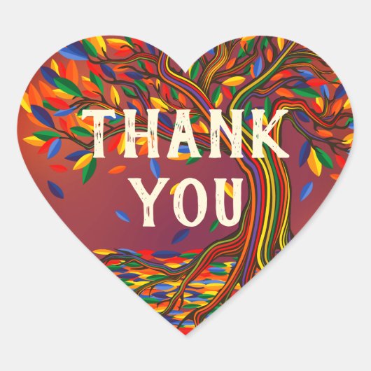 秋カラフルの木が元気にはっきりしたカッコいいありがとう ハートシール (正面)