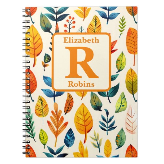 秋カラフルの葉モノグラムパーソナライズされた ノートブック (正面)