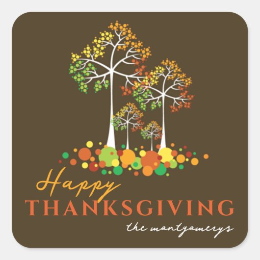 秋カラフルファミリーツリーハッピーサンクスギビング スクエアシール (正面)