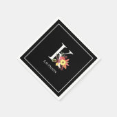 秋カラフルフローラモノグラムブラック&ホワイト紙 スタンダードカクテルナプキン (角)