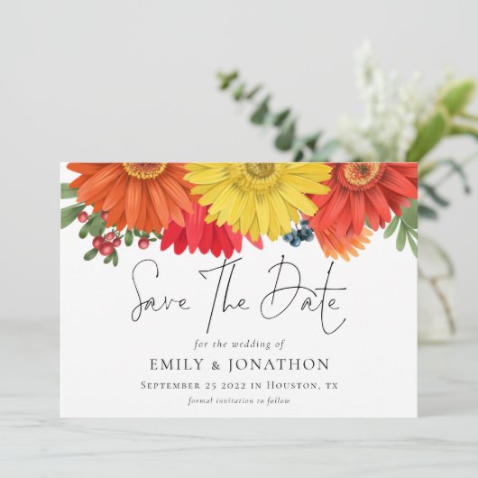 秋カラフルフローラQRコード結婚式日付の保存 セーブザデート (スタンド正面)