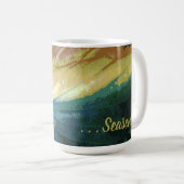 秋カラフルリーフ写真、緑の黄色の茶色 コーヒーマグカップ (正面右)