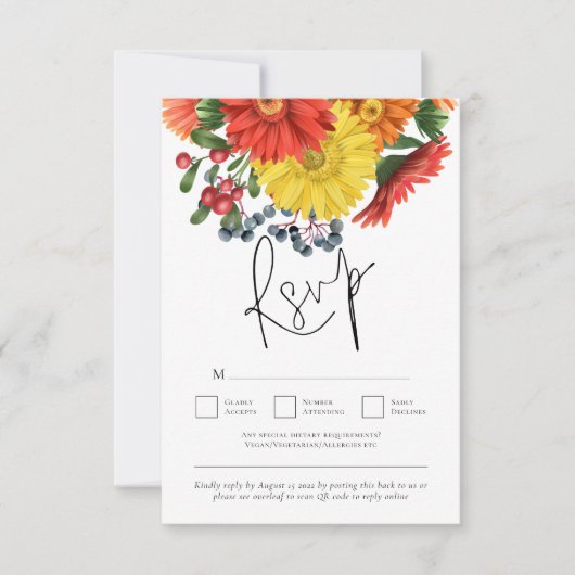 秋カラフル花模様QRコード結婚ズ 出欠カード (正面)