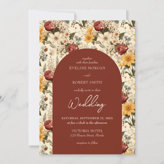 秋カラフル野生の花テラコッタ黄色のアーチ 招待状 (正面)