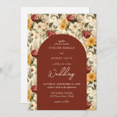 秋カラフル野生の花テラコッタ黄色のアーチ 招待状 (正面/裏面)