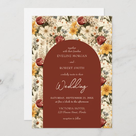 秋カラフル野生の花テラコッタ黄色のアーチ 招待状 (正面/裏面)