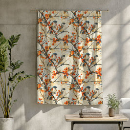 秋ガーデンの鳥と花オレンジ色の茶色の銅 フリースブランケット