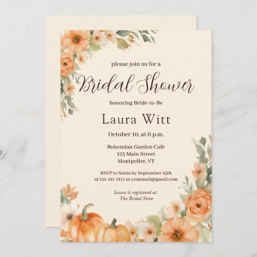 秋ガーデンエレガントフローラブライダルシャワー 招待状 (正面/裏面)