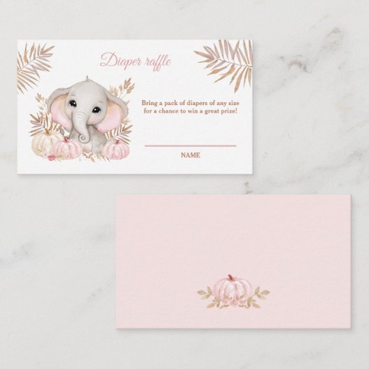 秋ガールエレファントベビーシャワーおむつラッフルカード エンクロージャーカード (正面/裏面)