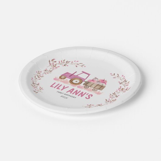 秋ガールトラクター誕生日招待状 ペーパープレート (アングル)