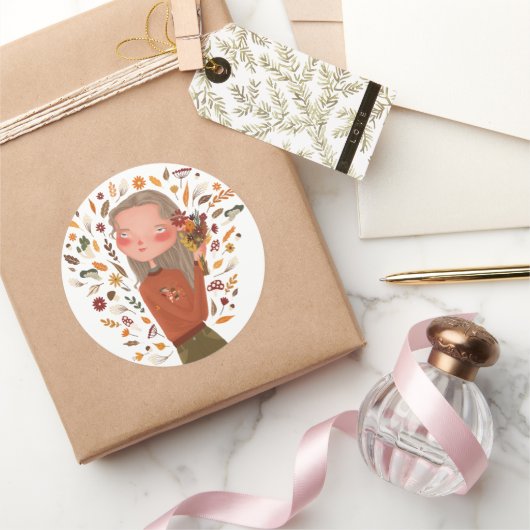 秋ガール秋の花と離れスケッチ ラウンドシール (ギフト)