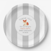 秋キツネベビーシャワーデコール、ニュートラルグレイストライプ ペーパープレート (正面)