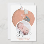 秋キツネ水色生まれたばかりのベビー写真誕生 案内状 (正面)