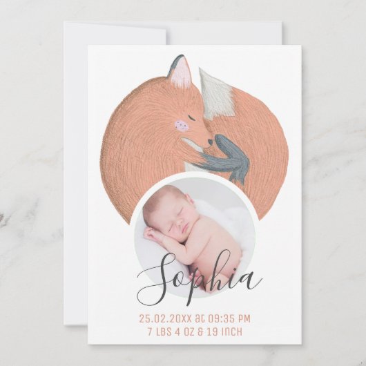 秋キツネ水色生まれたばかりのベビー写真誕生 案内状 (正面)