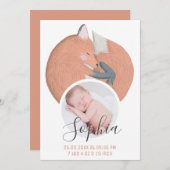 秋キツネ水色生まれたばかりのベビー写真誕生 案内状 (正面/裏面)