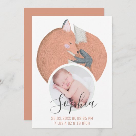 秋キツネ水色生まれたばかりのベビー写真誕生 案内状 (正面/裏面)
