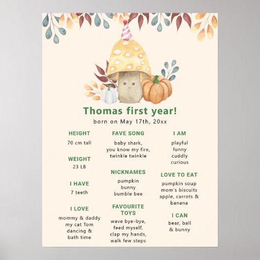 秋キノコ最初の誕生日マイルストーン誕生日 ポスター (正面)