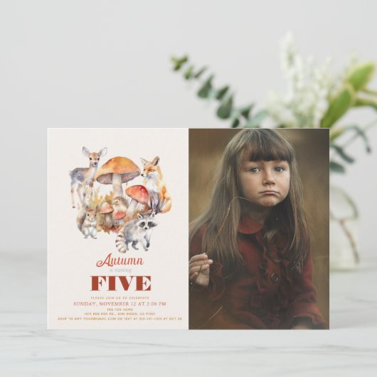 秋キノコ樹林動物誕生日写真 招待状 (スタンド正面)