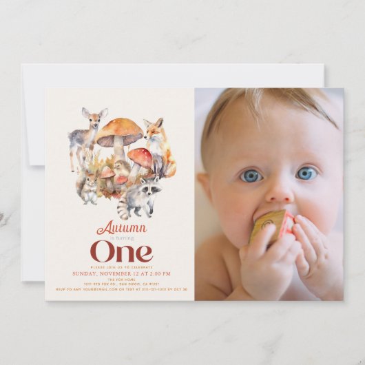 秋キノコ樹林動物1st誕生日の写真 招待状 (正面)