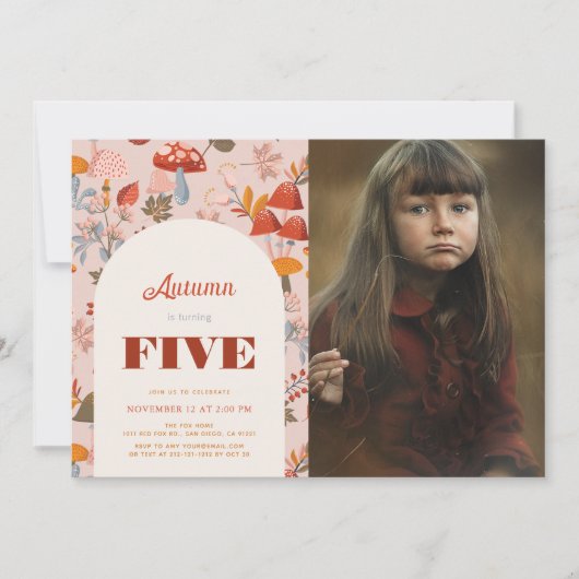 秋キノコ野草誕生日ピンク写真 招待状 (正面)
