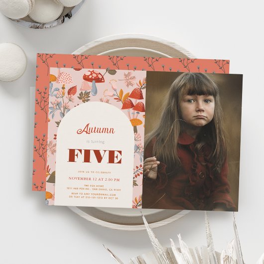 秋キノコ野草誕生日ピンク写真 招待状