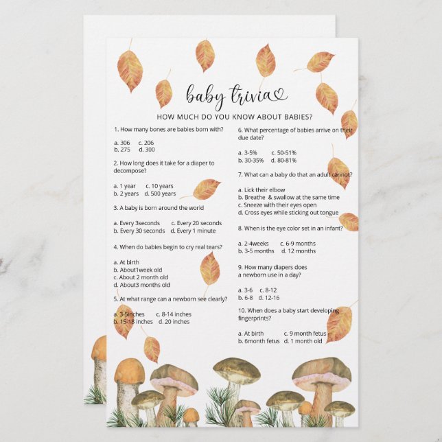 秋キノコ – ベビートリビア |赤ちゃんシャワーゲーム (正面/裏面)