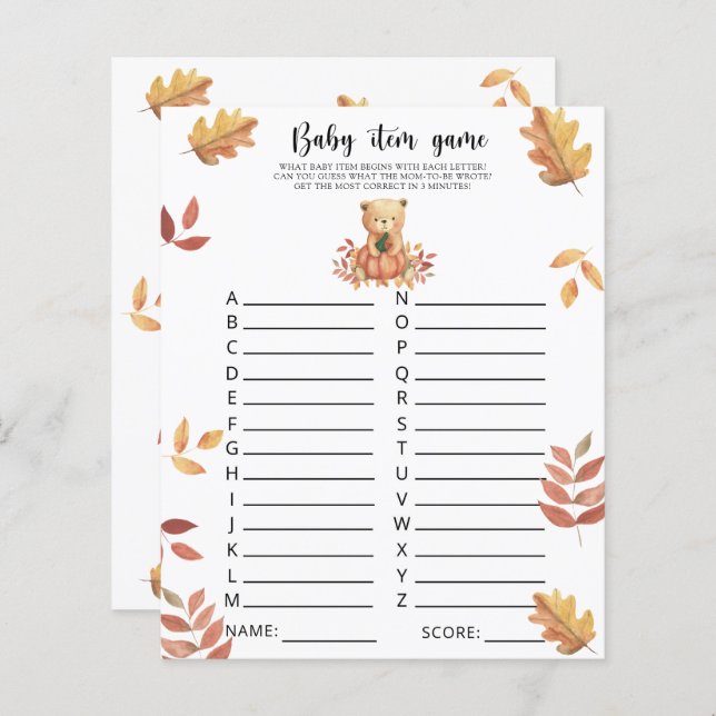秋クマ – ベビーアイテムゲーム。赤ちゃんシャワーゲーム (正面/裏面)