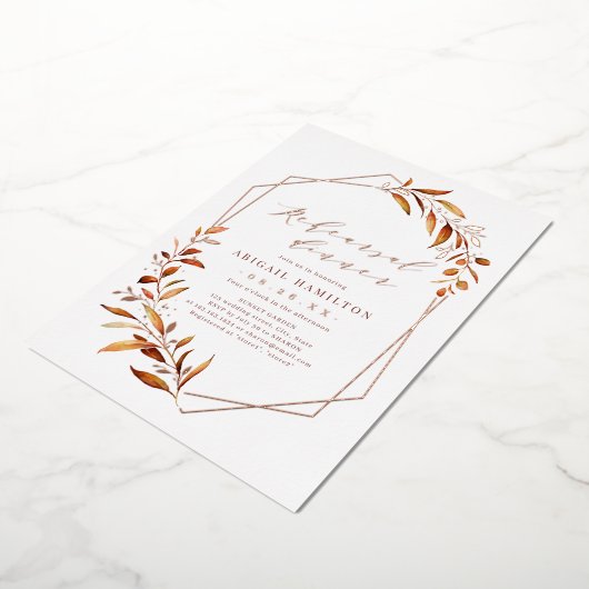 秋グリーナリー幾何素朴リハーサルディナー 箔招待状 (回転した状態)