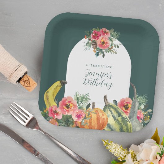 秋グリーンパンプキンズピンクフローラ誕生日パーティー ペーパープレート