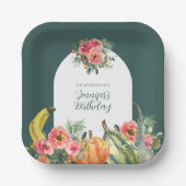 秋グリーンパンプキンズピンクフローラ誕生日パーティー ペーパープレート (正面)