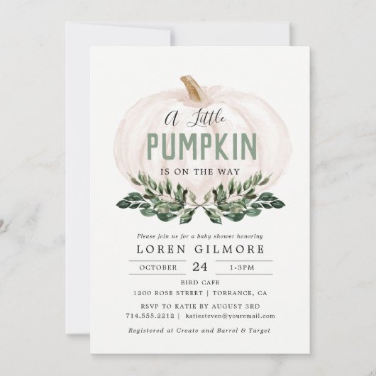 秋グリーンリトルカボチャ赤ちゃんシャワー 招待状 (正面)