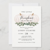 秋グリーンリーカボチャツインベビーシャワー招待状 招待状 (正面)